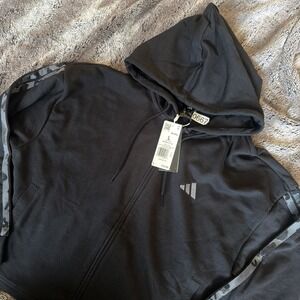 Adidas Woman's 3-Striped Hoodie Large Black Animal Print Relaxed NWT